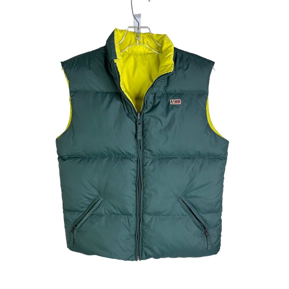 Napapijri Puffer Vest Womens 12 Green/Yellow‎ Reversible Full Zip Pocket Front